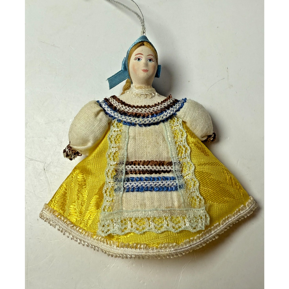 Vtg Russian Porcelain Head Doll Handmade Folk Art Painted Face Cloth Ornament